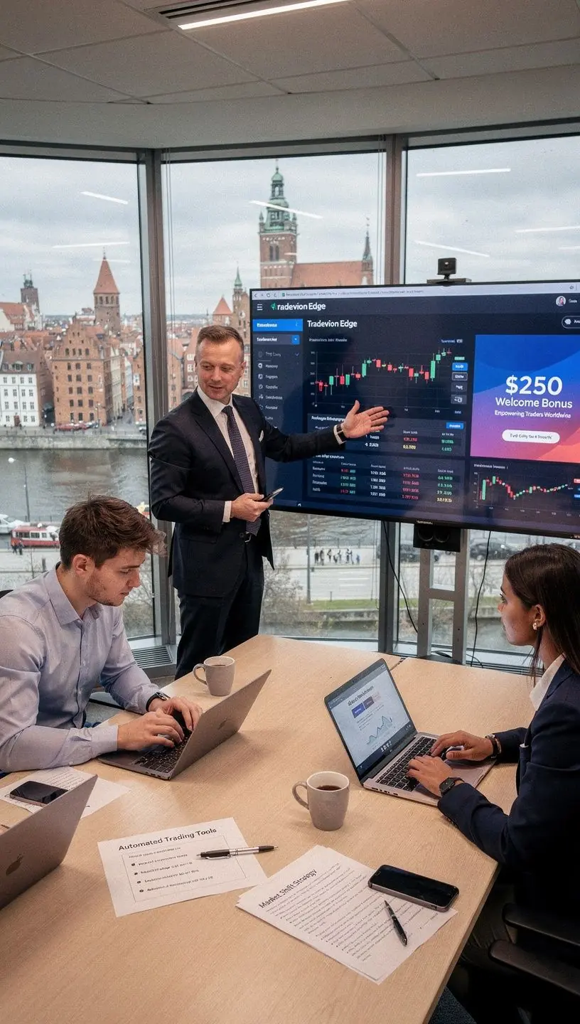 Zespół ekspertów omawiający strategie handlowe w biurze.